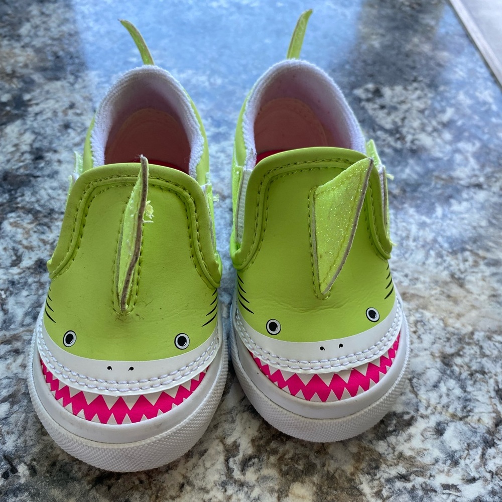 Vans Kids Neon Green Shark Slip-On Shoes with Pink Detail